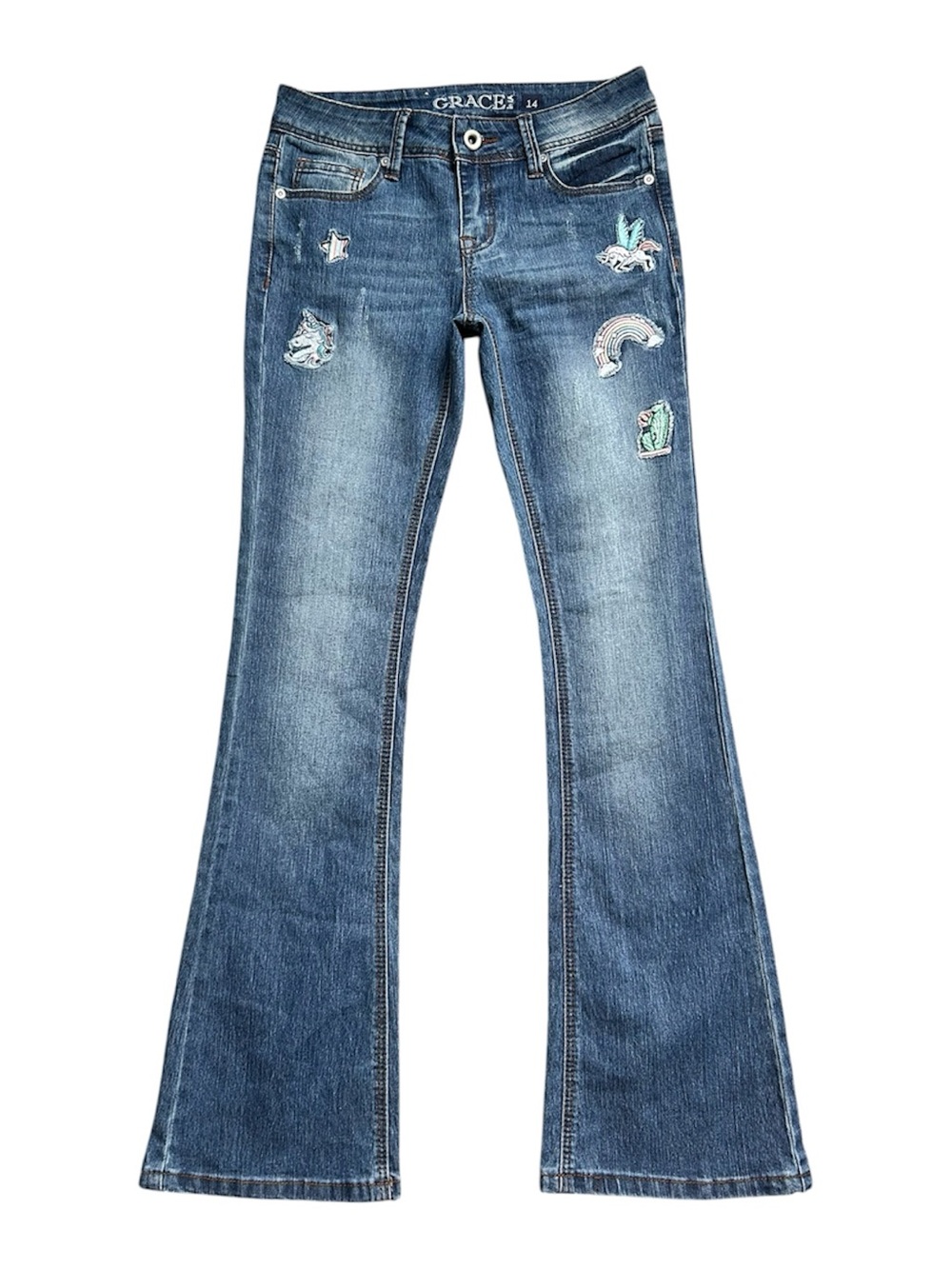 GRACE in LA NWT Girls size 14 Bootcut w/mini flare and unicorn/rainbow patches